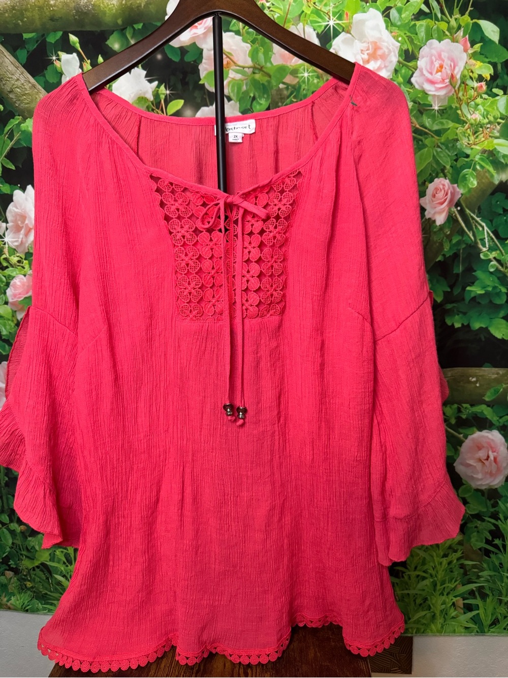 Westport Hot Pink Crochet-Front Peasant Blouse